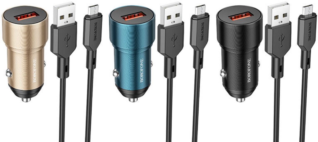 Авто З/У 1xUSB BOROFONE BZ19A QC3.0 + кабель MicroUSB все цвета