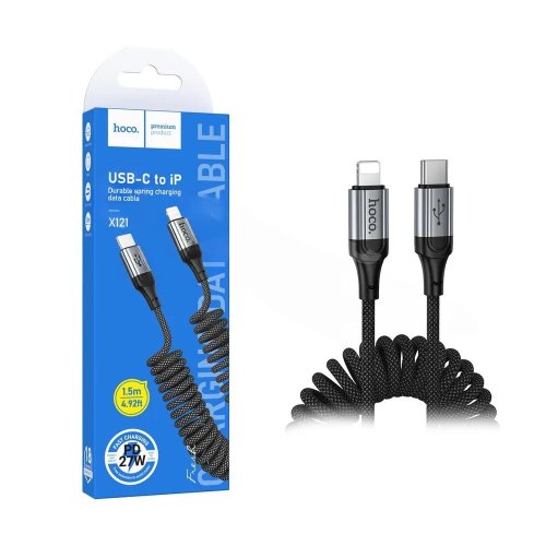 Кабель Type-C -> Lightning 1.5m Hoco X121 27W пружинка черный