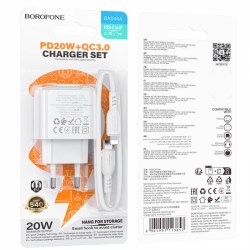 Сетевое З/У 1xType-C+1xUSB BOROFONE BAS44A PD20W/QC3.0+ кабель Type-C /Lighting