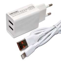 Сетевое З/У 2xUSB Denmen DC02L10W + кабель Lighting белый